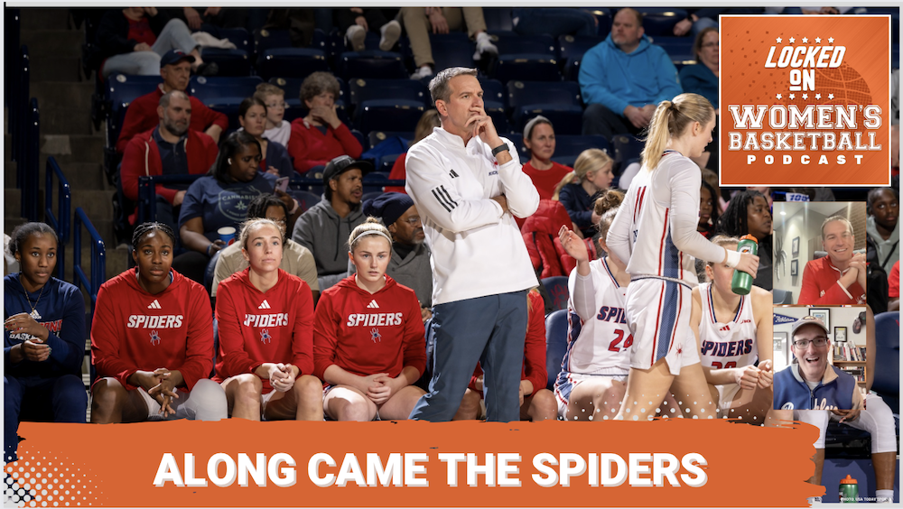 Graphic with photo of Richmond head coach Aaron Roussell on the sidelines during a game. Locked On Women's Basketball logo at top right. Text below reads "Along Came the Spiders". Headshots of guest Aaron Roussell and host Howard Megdal at lower right.